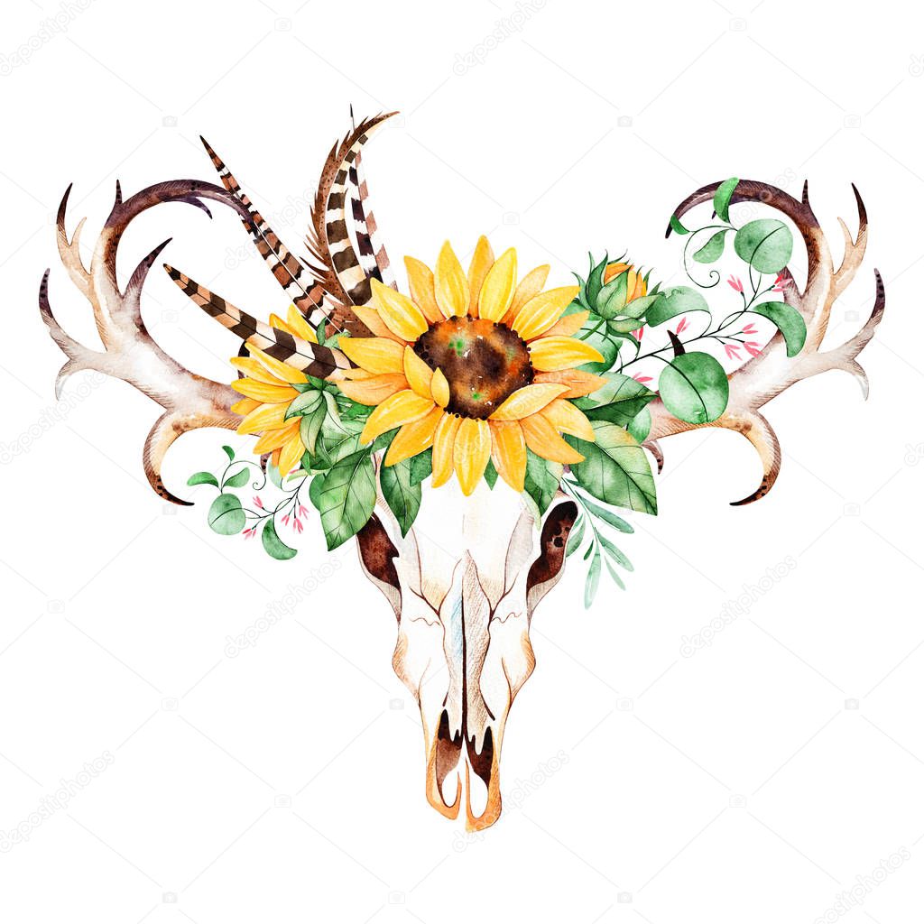 Download Watercolor bull skull head with sunflowers — Stock Photo ...