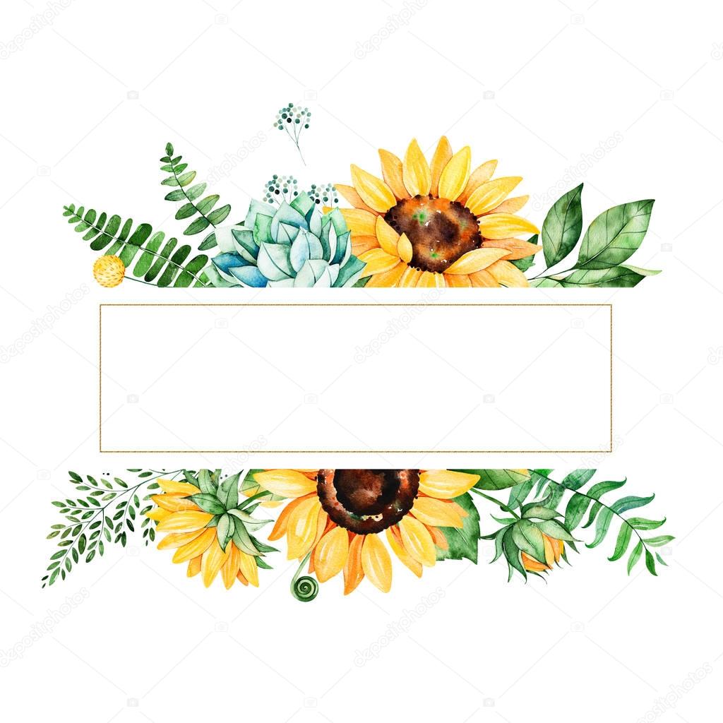 watercolor frame border with sunflowers