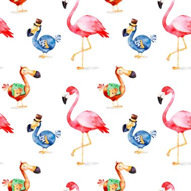çizgi film dodo ve beyaz arka plan üzerinde flamingo kuşları ile kesintisiz renk desen