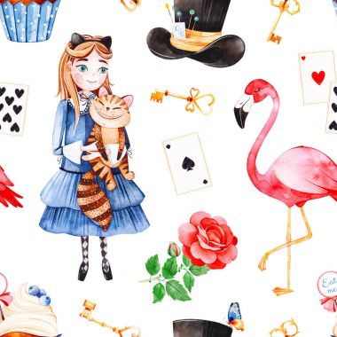 çizgi film karakterleri Alice in Wonderland masalındaki beyaz arka planda kesintisiz renk desen