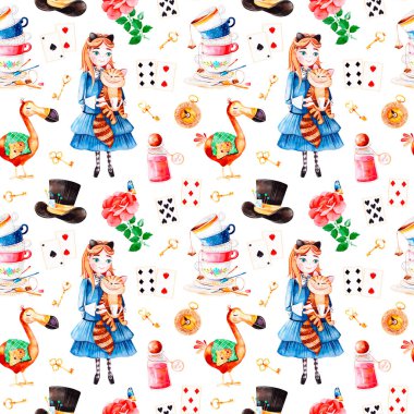 çizgi film karakterleri Alice in Wonderland masalındaki beyaz arka planda kesintisiz renk desen
