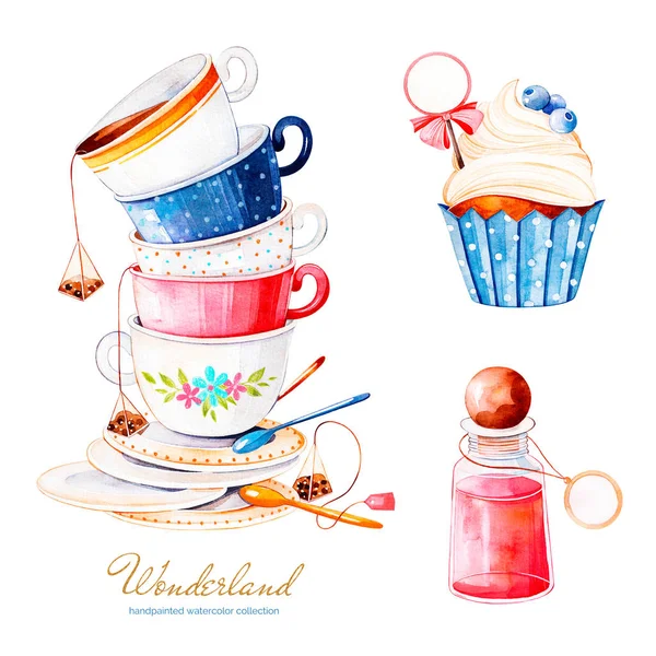 Watercolor Illustration Cake Tea Cups Bottle Elements Alice Wonderland Fairytale — Stock Photo, Image