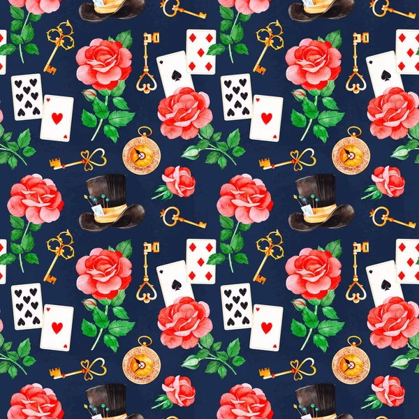 seamless color pattern with elements from Alice in wonderland fairytale on dark background