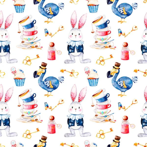 Seamless Color Pattern Cartoon Dodo Birds Rabbit Cakes Cups Keys — Stock Photo, Image