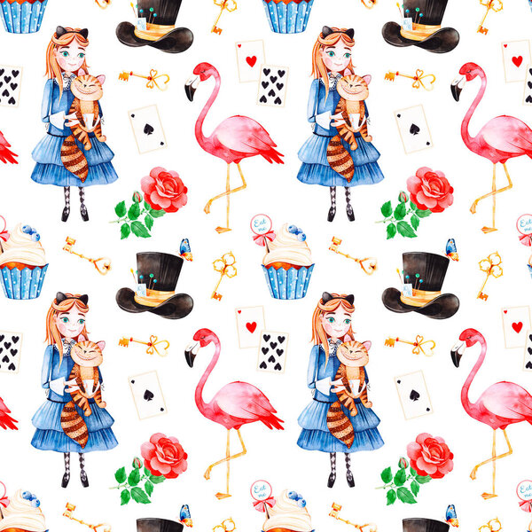 seamless color pattern with cartoon characters of Alice in Wonderland tale on white background