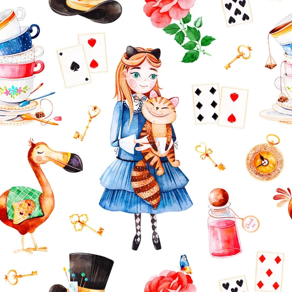 Nahtloses Farbmuster Mit Comicfiguren Von Alice Wonderland Tale Auf Weißem — Stockfoto