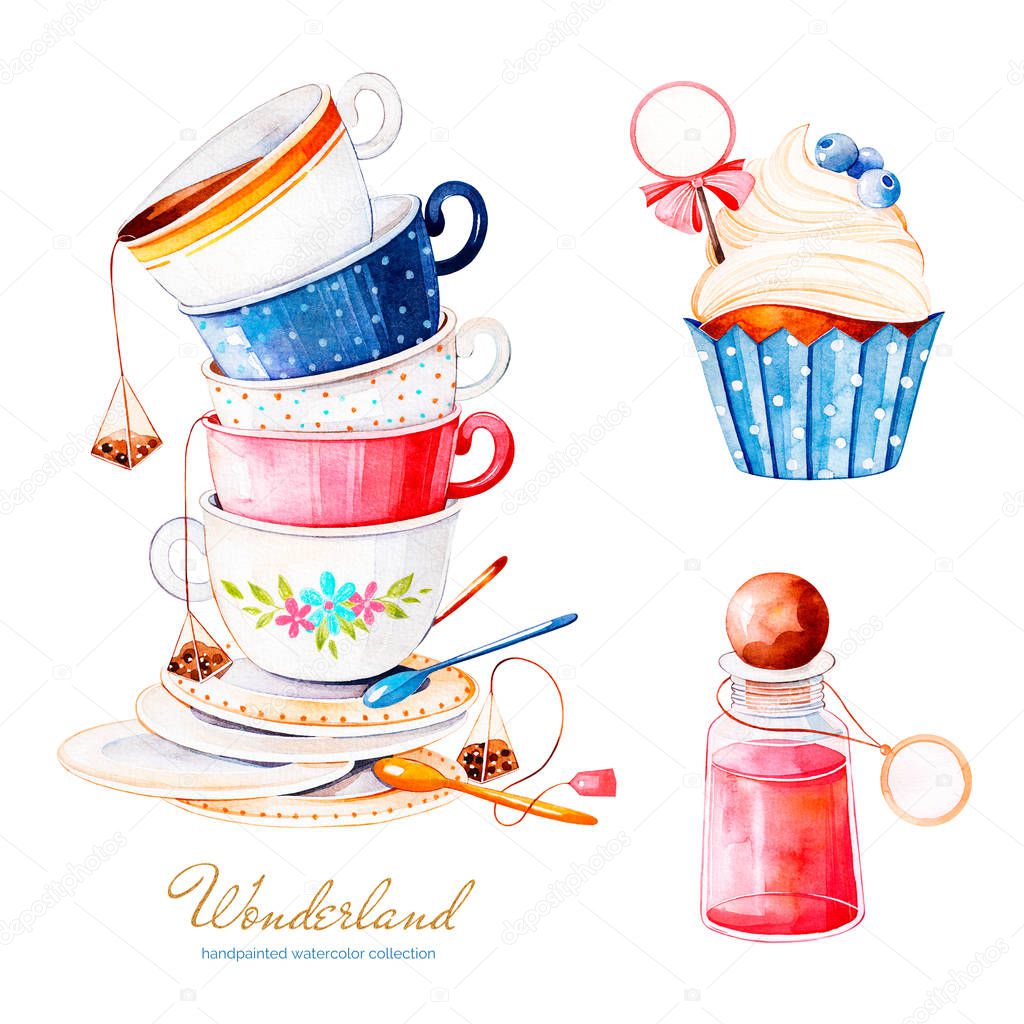 watercolor illustration of cake, tea cups and bottle, elements from Alice in wonderland fairytale on white background