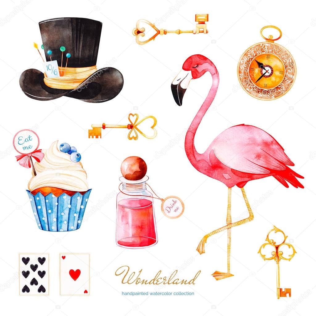 watercolor illustration of cake, tea, hat, keys, watch, cards and flamingo, elements from Alice in Wonderland fairytale on white background