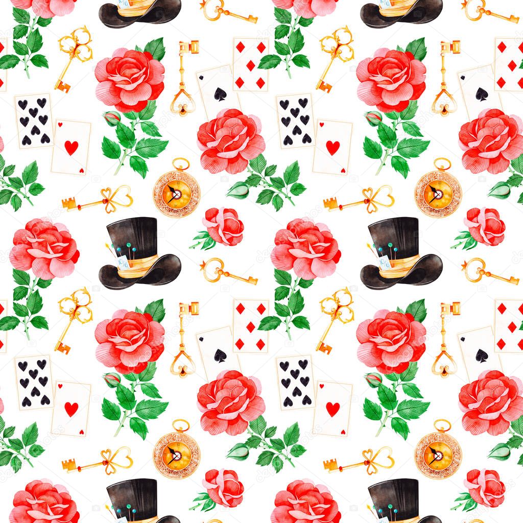 seamless color pattern with elements from Alice in wonderland fairytale on white background