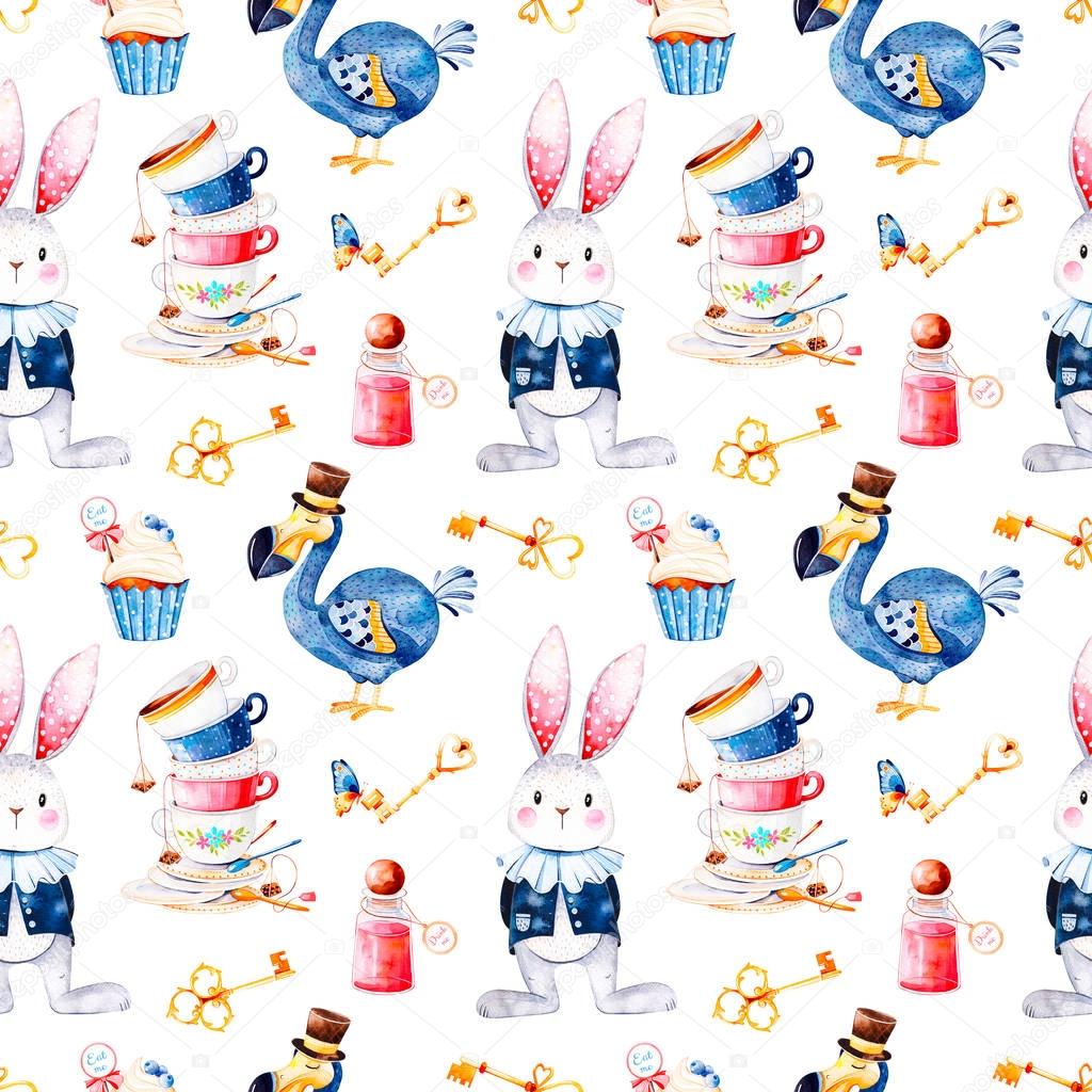 seamless color pattern with cartoon dodo birds, rabbit, cakes, cups and keys on white background