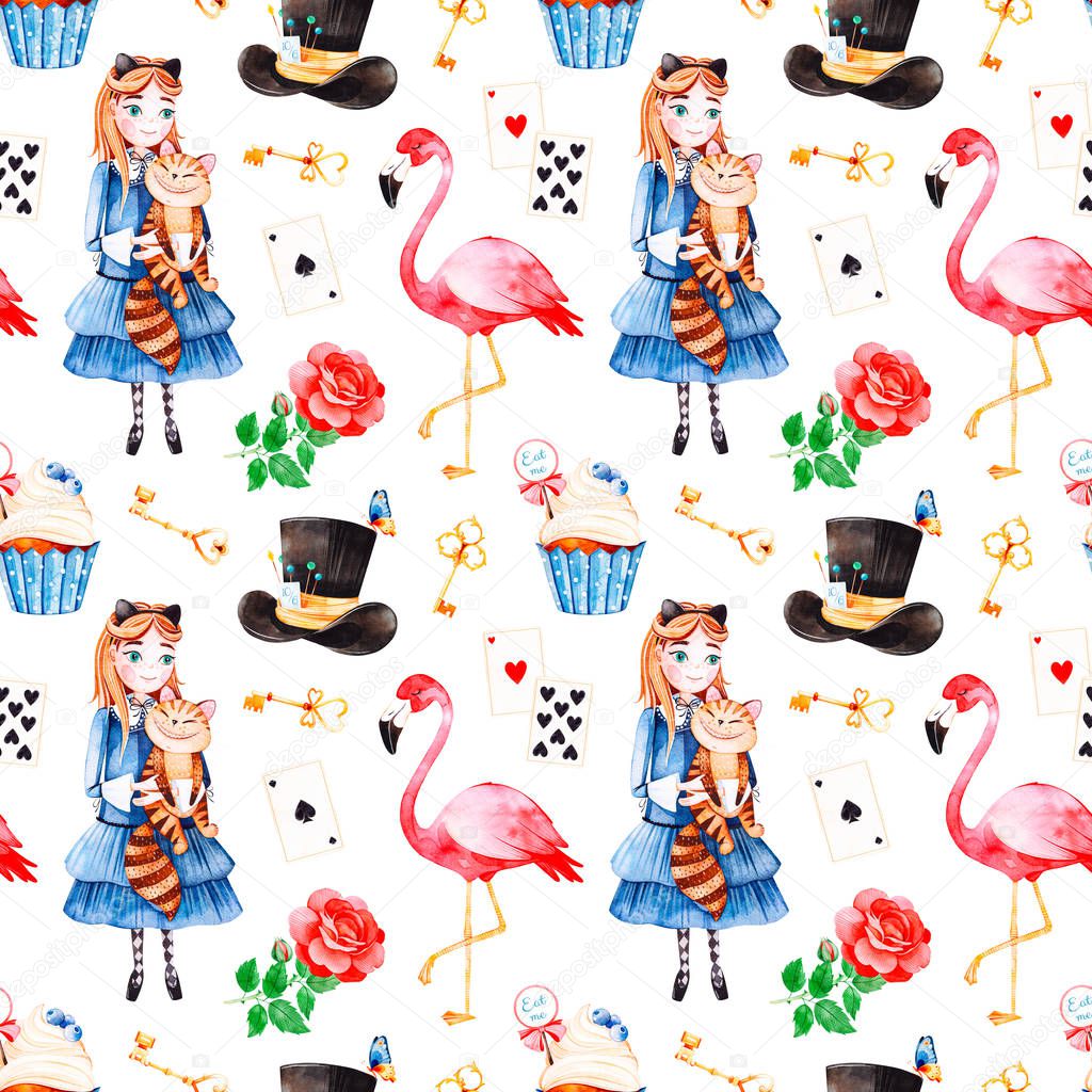 seamless color pattern with cartoon characters of Alice in Wonderland tale on white background