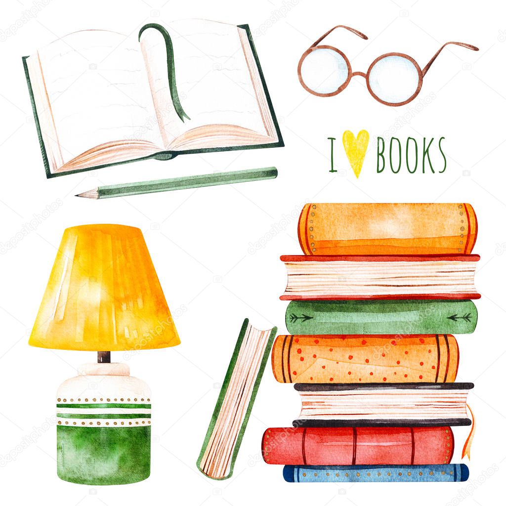 pile of colorful books with lamp and glasses on white background