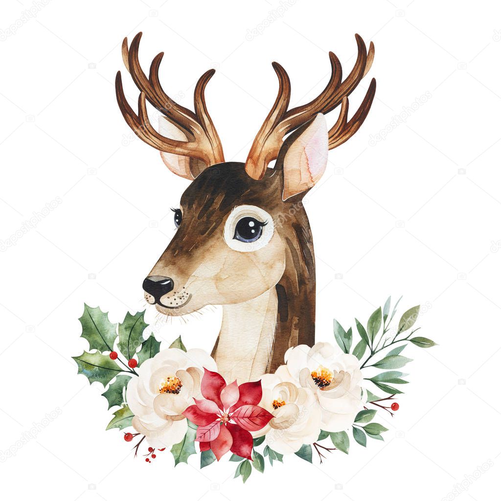 Hand drawn deer with floral wreath isolated on white background 