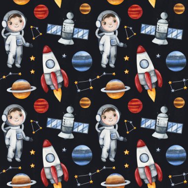 Seamless pattern with astronauts and astronomy objects on black background clipart