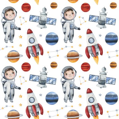 Seamless pattern with astronauts and astronomy objects on white background clipart