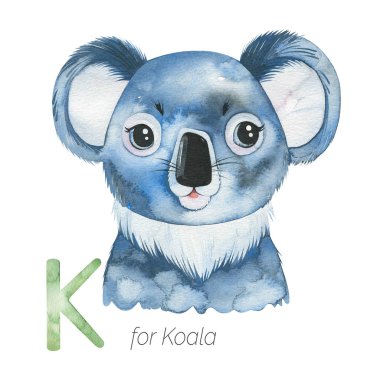 K harfi için Koala, çocuksu alfabe için yaratıcı suluboya çizimi