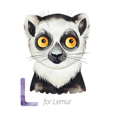 L harfi için Lemur, çocuksu alfabe için yaratıcı suluboya çizimi