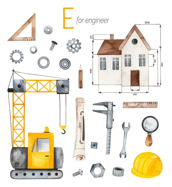 Conjunto Alfabético Herramientas Ingeniería Objetos Objetos Sobre Fondo Blanco —  Fotos de Stock