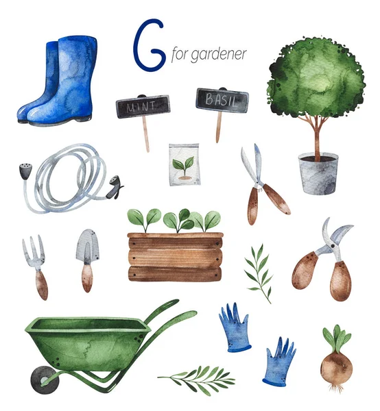 Alfabeto Conjunto Ferramentas Jardinagem Objetos Sobre Fundo Branco — Fotografia de Stock