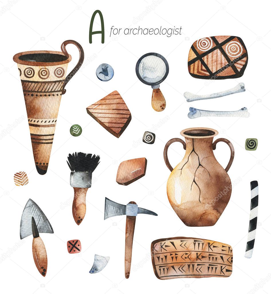 Alphabet set of objects with archeology tools and objects on white background