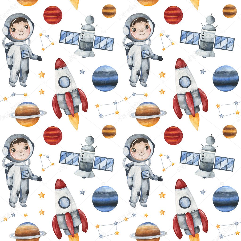Seamless pattern with astronauts and astronomy objects on white background