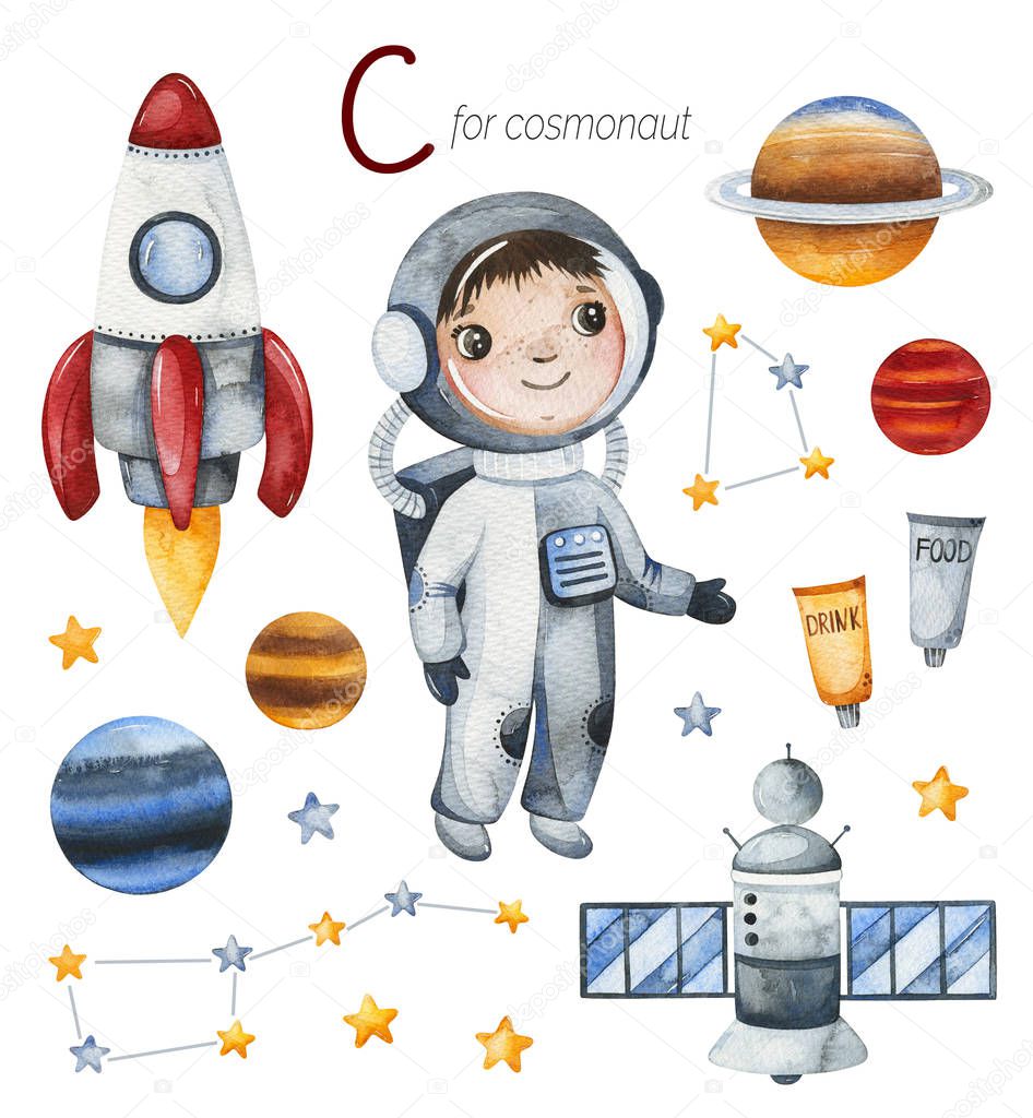 ABC artistic set with cosmonaut profession with various astronomy objects