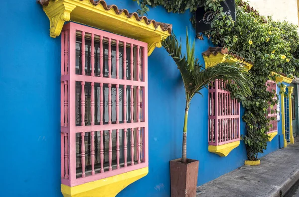 Fasáda Modrého Koloniálního Domu Starém Centru Cartagena Indias Kolumbii Jižní — Stock fotografie