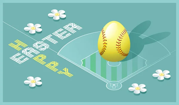 Happy Easter greeting card. Isometric illustration with 3D Easter egg as a softball ball and softball field. Vector illustration.