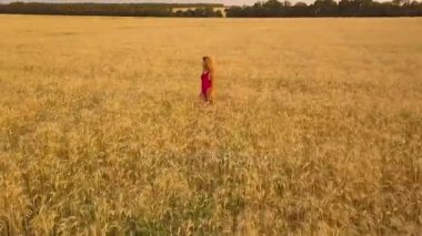 Genç güzel kız kırmızı alanda yürüyüş. Havadan görünümü. 4k