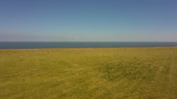 Přelet nad zelené pole s letem k moři. Letecký pohled — Stock video