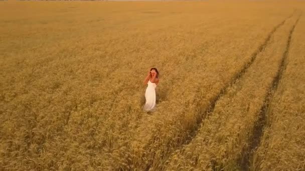 Hermosa chica en un campo con un vestido blanco. Vista aérea — Vídeos de Stock