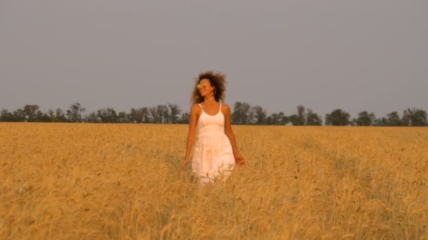 Красива дівчина в полі в білій сукні. Повільне 120fps — стокове відео