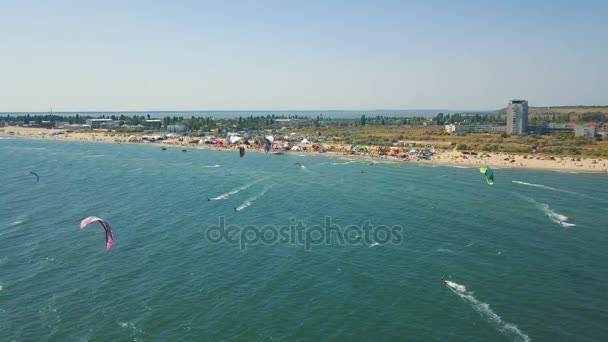 Vista aérea del kitesurf deporte extremo con el viento libre. Hermosa vista superior de la bonita playa. Muchas cometas. — Vídeos de Stock