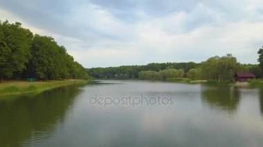 Hava Drone uçuş görüntüleri: Geri uçuş sakin su ve orman günbatımı yumuşak ışık yukarıda. Magestic peyzaj.