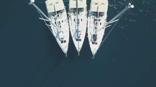 Vista aerea di tre yacht a vela sono collegati, vicino belle isole. Belle nuvole sullo sfondo. Yacht di lusso in mare. Persone nuotare vicino yacht — Video Stock