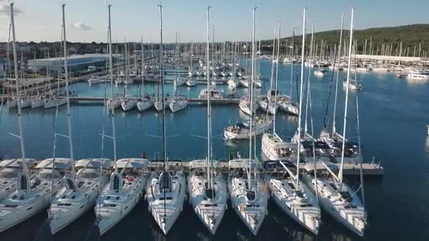 Vista aérea da bela marinha moderna de Sukosan densamente embalado com veleiros e iates, Marina Dalmacija. Croácia — Vídeo de Stock