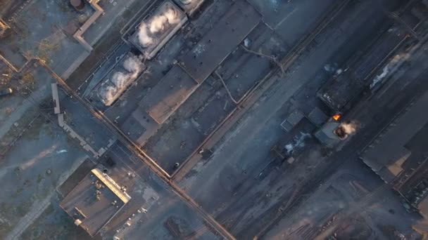 Emission to atmosphere from industrial pipes. Smokestack pipes shooted with drone. Aerial view, close-up. — Stock Video