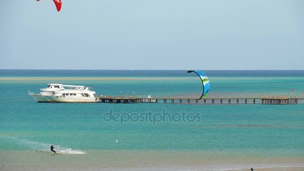 Νέος άνθρωπος Kite Surfing στον ωκεανό, ακραία καλοκαίρι αθλητικά hd, αργή κίνηση — Αρχείο Βίντεο