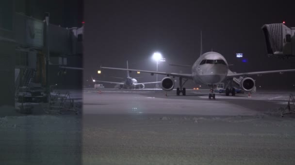 Снігова буря в аеропорту. Працівники та сервісні автомобілі працюють біля літаків — стокове відео
