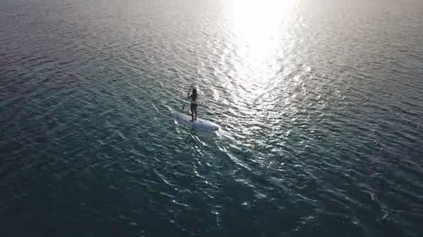 Aerial view of young girl stand up paddling on vacation. Tracking shot of a young woman SUP boarding — Stock Video