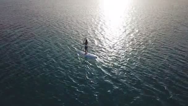 Luchtfoto van jong meisje opkomen peddelen op vakantie. Tracking shot van een jonge vrouw Sup instappen — Stockvideo