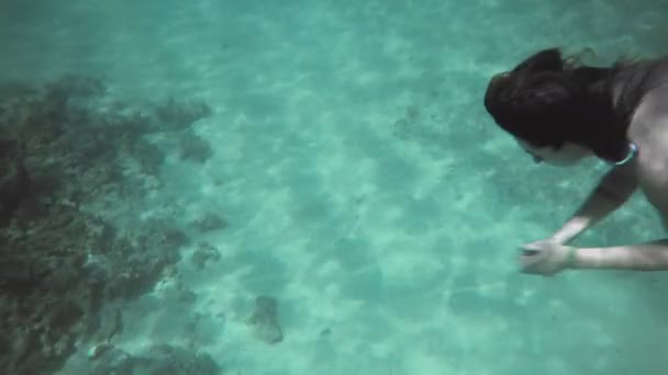 Жінка в блакитному купальнику плаває під водою в повільному русі — стокове відео