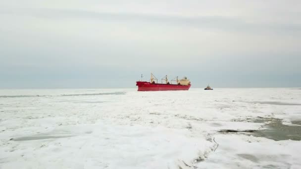 Aerial view. The ship sails through the sea ice in the winter, close-up — Stock Video