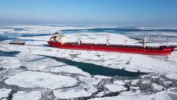 Vista aérea. El barco navega a través del hielo marino en el invierno, de cerca — Vídeo de stock