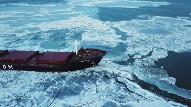 Вид с воздуха. Корабль плывет зимой по морскому льду крупным планом. — стоковое видео