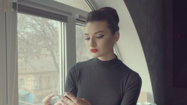 Jolie fille avec smartphone. Jeune femme d'affaires utilisant téléphone à écran tactile sur fond de fenêtre ville. Personnes, technologie, connexion . — Video