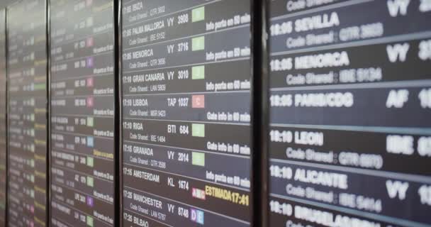 Bord eines Flughafen-Abflugbretts mit Flug, Ziel, Uhrzeit und Decodierungstext. — Stockvideo