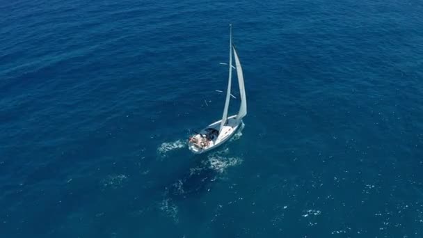 Aerial view. Sailing yachts with white sails in the open Sea. — Stock Video