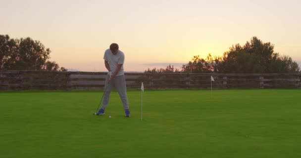 Gioco di golf. Golfista mettendo pallina da golf nel buco gioisce . — Video Stock