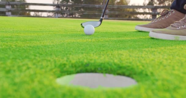 Golf Put by a Man on the Green. Ball Sinking into the Hole. Closeup. — Stok video